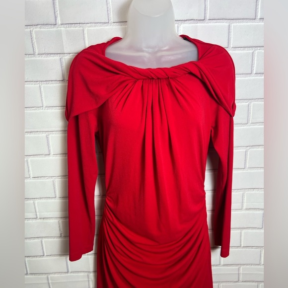 ELLEN TRACY Red Ruched Cowl Neck Long Sleeve Cocktail Gown/size S - Picture 3 of 10